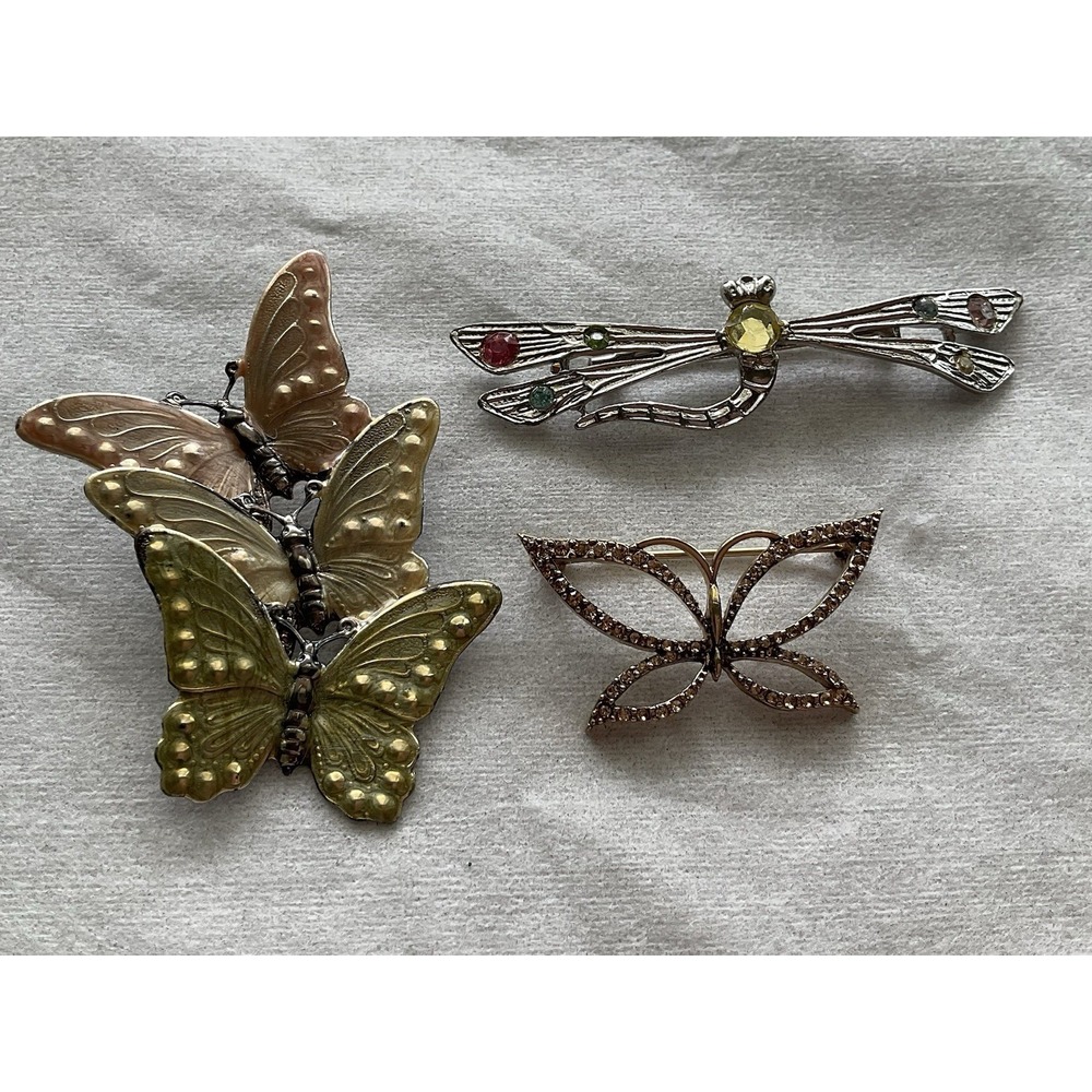 Lot Of 3 Vintage Brooch Pins Butterfly Dragonfly Estate Jewelry